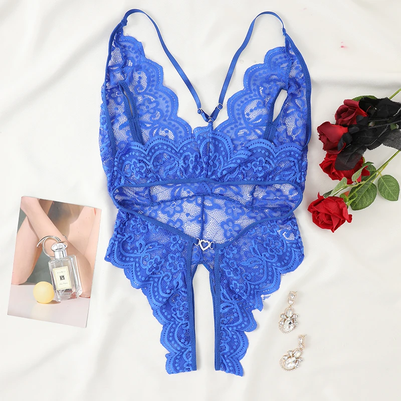 Hot Blue Crotchless Erotic Lingerie Set Lace Open Bra Women Sexy Costume Body Suit Porno Babydoll Bodysuit Garter Underwear Sets