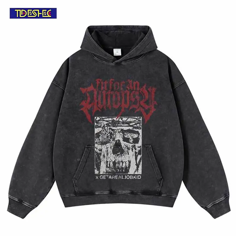 Vintage Black Hoodie 420GSM Hip Hop Skull Skeleton Graphic Print Hooded Sweatshirt Streetwear 2024 Harajuku Punk Gothic Pullover