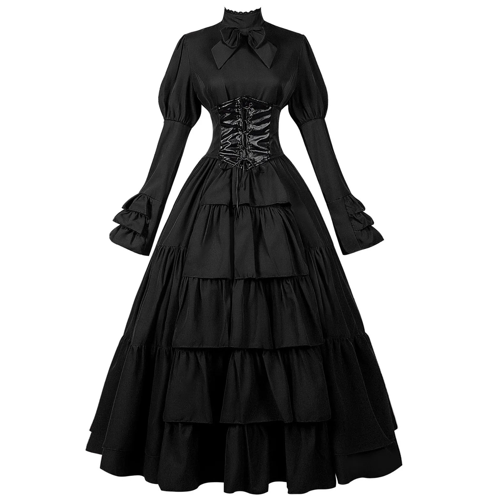 

Medieval Victorian Dress Gown Gothic Long Sleeve Ruffle Waist Maxi dress Black Long Evening Gowns Holiday England Maid Costume