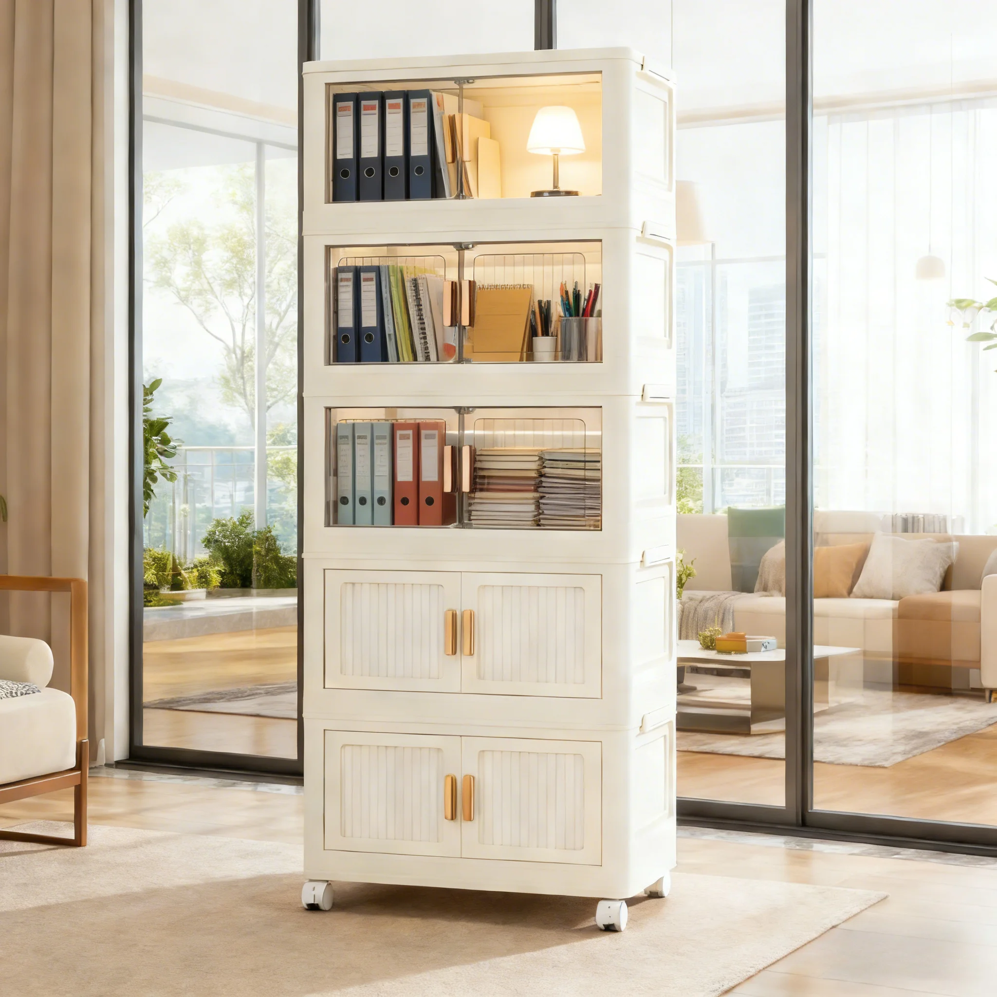 

Штабелируемый универсальный шкаф для хранения с дверцами и колесами — просторный многофункциональный пластиковый органайзер — практичная полка для хранения