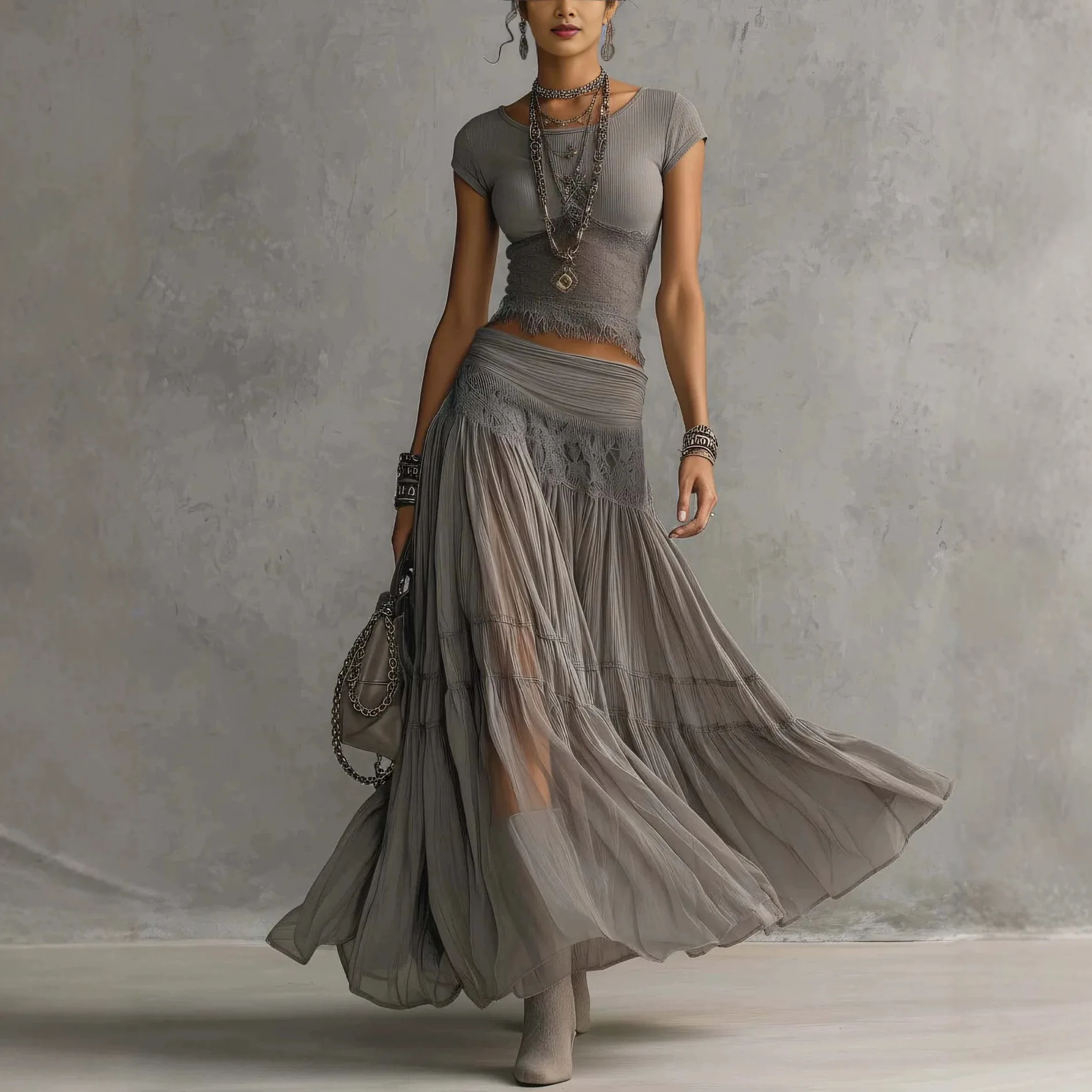 2026 New Model Gray Knit Top + Chiffon Long Dress Set – Women’s Fashionable, Flowing Two-Piece Set