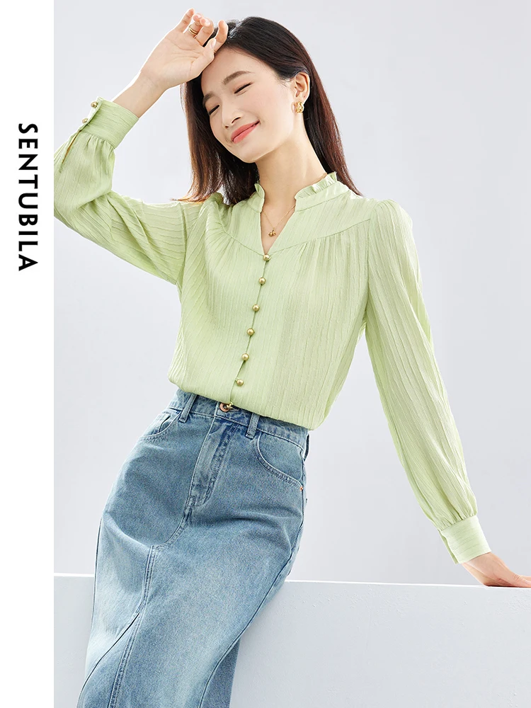 SENTUBILA Button Up Shirt & Blouse Light Green Elegant Stand Collar 2024 Autumn Solid Long Sleeve Tops Woman Clothing 143C56411X