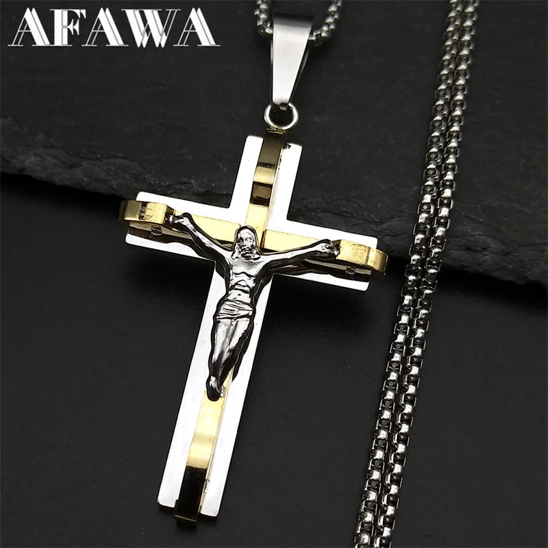 يسوع الصليب الصليب قلادة قلادة للرجال النساء الفولاذ المقاوم للصدأ الذهب والفضة اللون الشرير المسيحية سلسلة تميمة مجوهرات FS