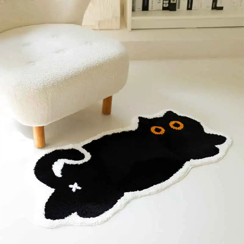 

Cat-themed Plush Carpet Black Cat-shaped Mat Bedroom Bedside Rug Living Room Entrance Area -anti-slip Dust-proof Decoration Item