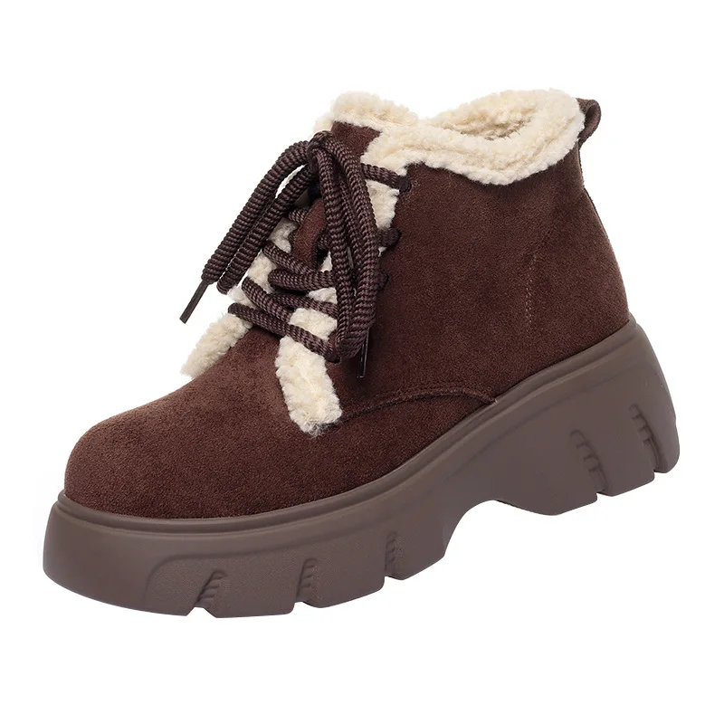 

Универсальные туфли на плоской платформе с толстой подошвой 6 см, зимние ботильоны, женская повседневная обувь 2025 года, теплые мотоциклетные ботинки на замшевом меху для мамы