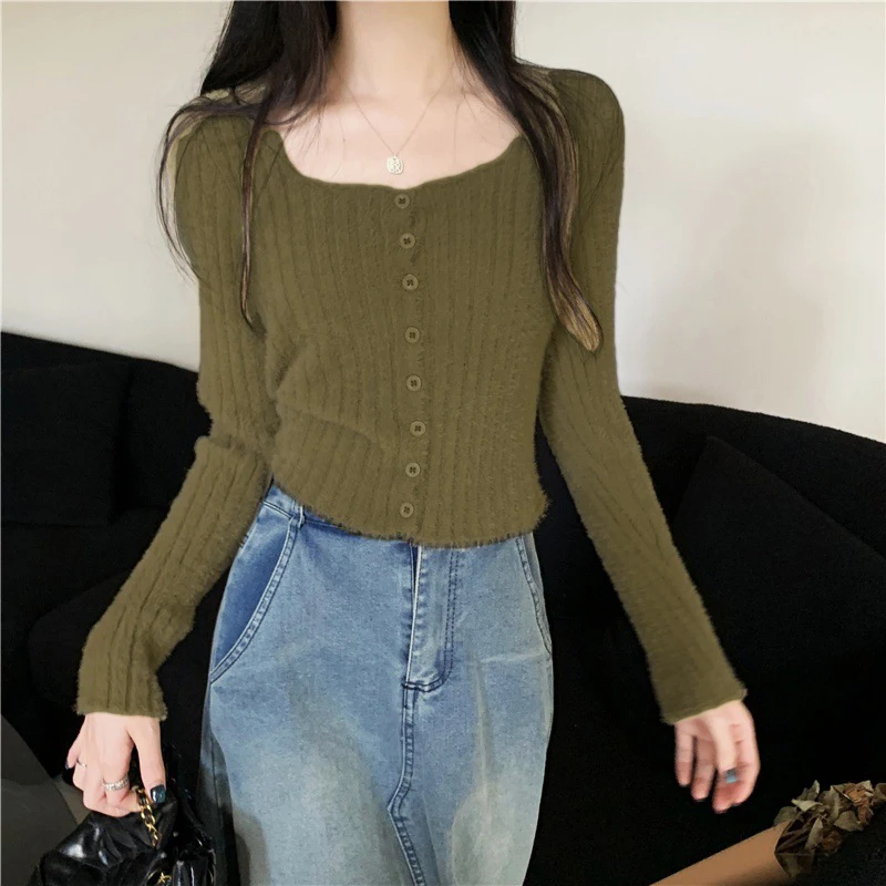 Solid Color Cropped Fuzzy Knit For Top for Women Square Neck Single Breasted Medium Stretch for Beach Yoga Cycling