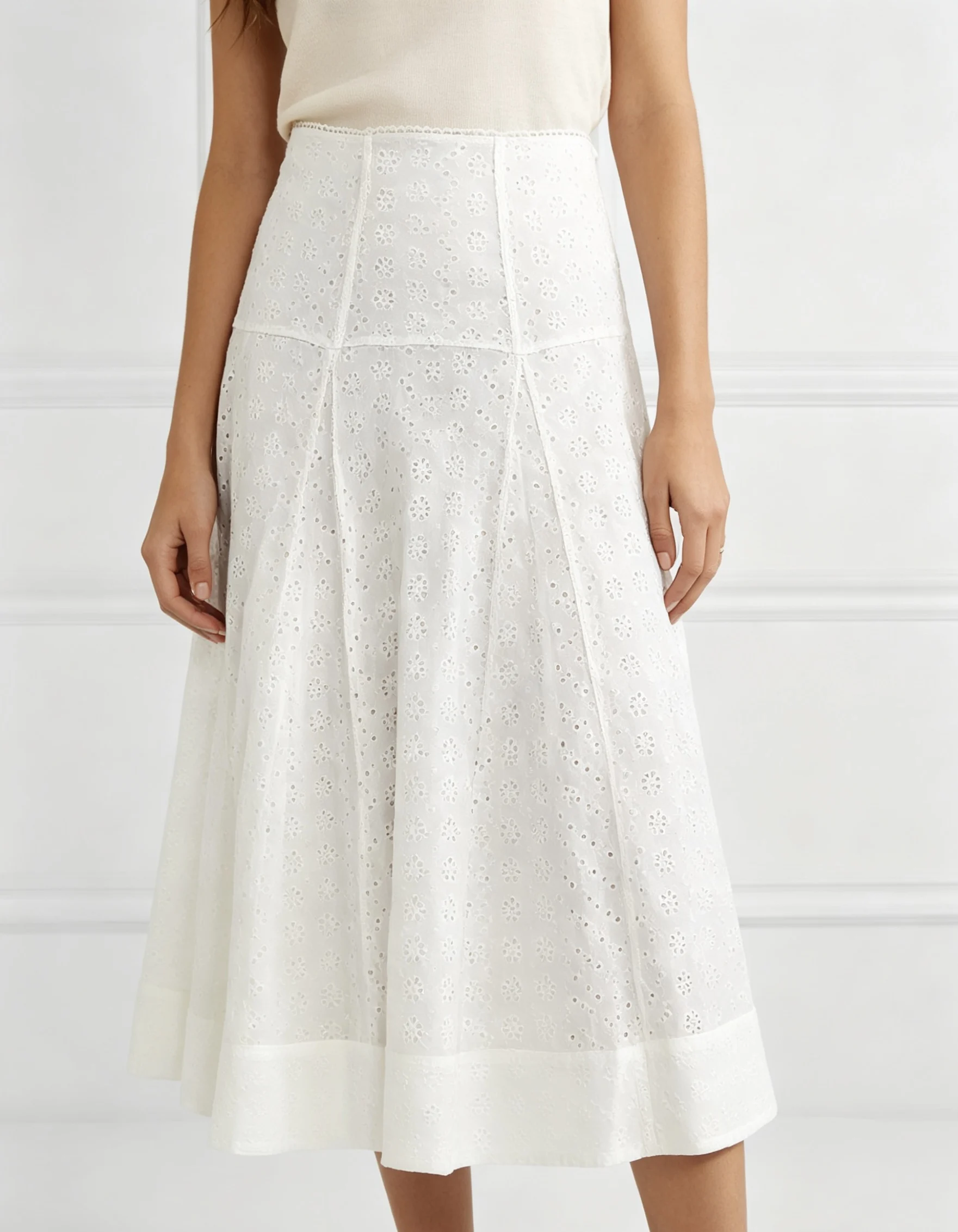 2026 Embroidery Hollow Out Women Midi Skirt Solid Color High Waist A-Line Casual Jupe