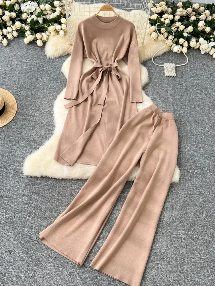 Autumn Winter Knitted Sweater Two-piece Set Women Medium Long with Straps Split Long Sweater High Waisted Straight Pants Suits