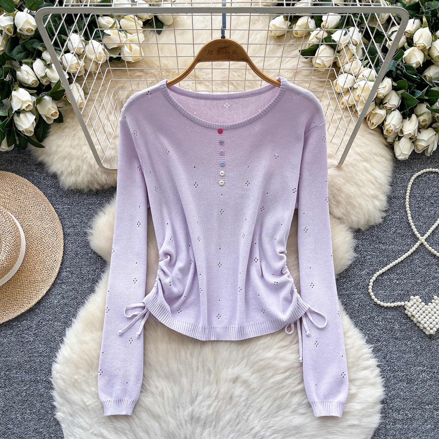 

Vintage Elegant Knit Draw String long sleeve Blouse Fashion Shirt Chic Top Fairy autumn women clothing