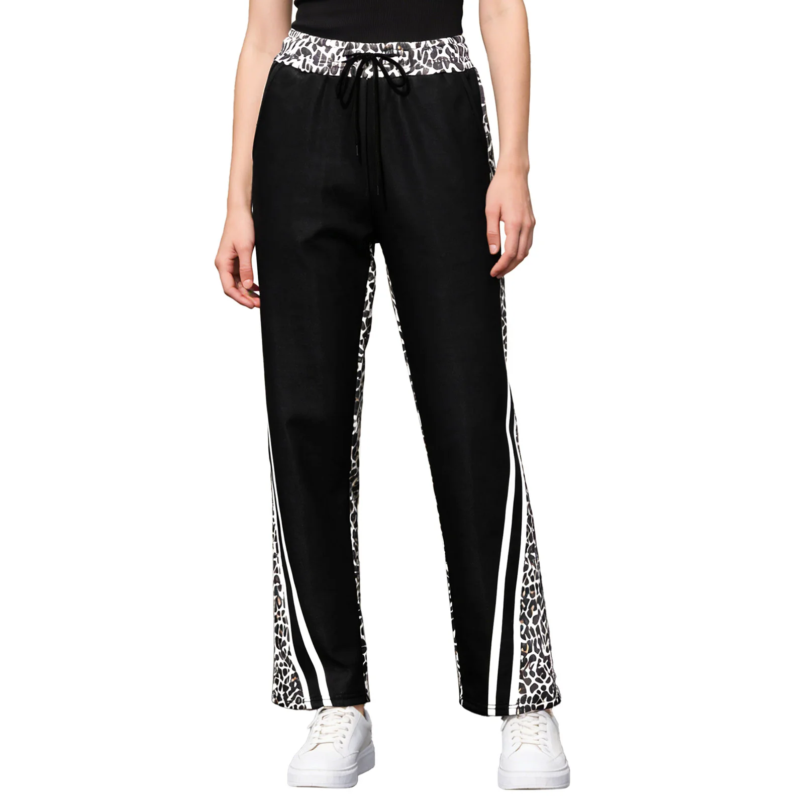 Womens Stretchy Sports Pants Leopard Print Striped Pants Straight-Leg Sweatpants for Hip Hop Street Dancewear Skateboarding