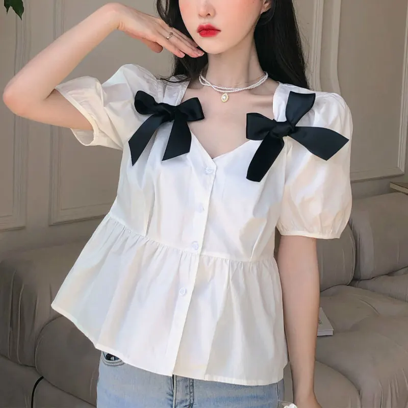 Women\'s Clothing Sweet Bow Shirt French Style Single-breasted Summer Solid Color Casual Elegant V-Neck Loose Short Sleeve Blouse