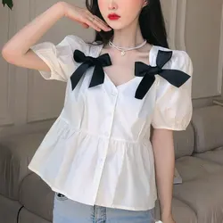 Women's Clothing Sweet Bow Shirt French Style Single-breasted Summer Solid Color Casual Elegant V-Neck Loose Short Sleeve Blouse