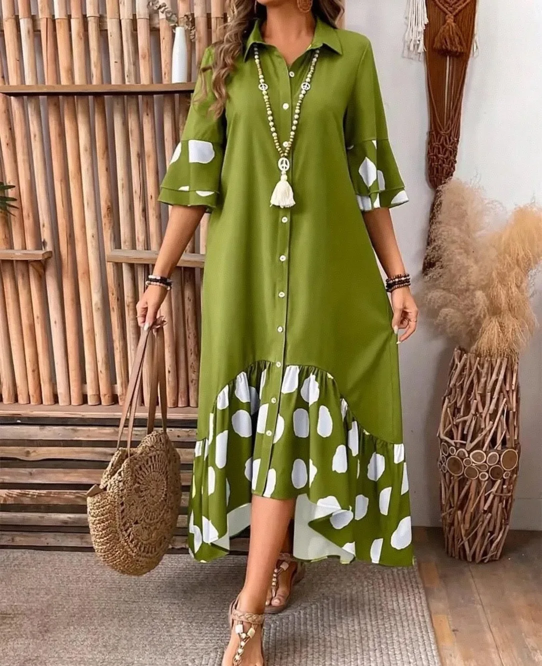 

Fashion Polka Dot Printed Dress For Women Elegant Commuting Loose Lapel Single Breasted Flared Sleeves Spliced ​​big Hem Dresses