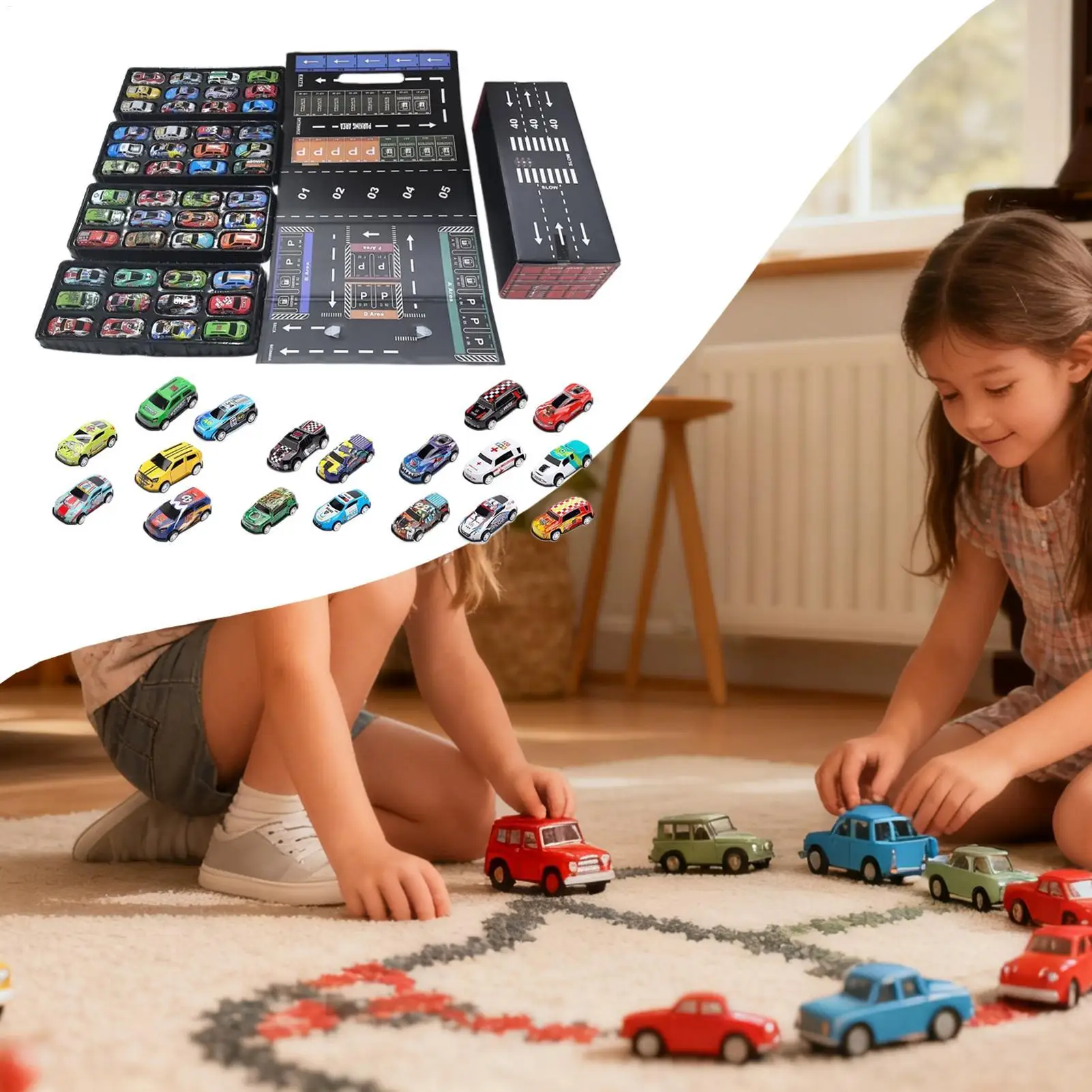 Tirare indietro le auto 48 pezzi Veicolo da gioco con garage incorporato Macchinine pressofuse per bambini Natale Compleanno Viaggi Aula Festa