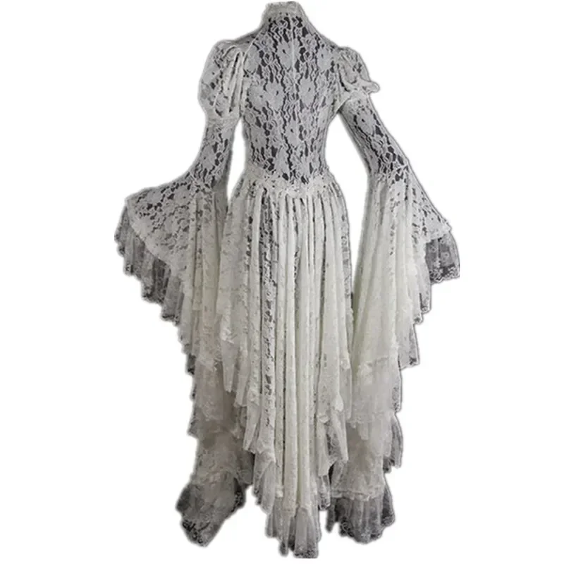 Sexy Women White Vintage Solid Lace Flare Sleeve Medieval Cardigan Cosplay Elegant Long Tail Pleated Outwear Victorian Ball Gown