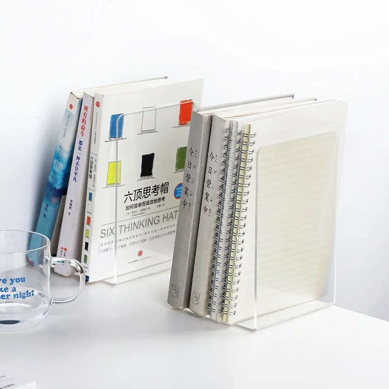 1pcクリアアクリルブックエンドl字型デスクオーガナイザーデスクトップブックホルダースクールステーショナリーオフィスアクセサリー