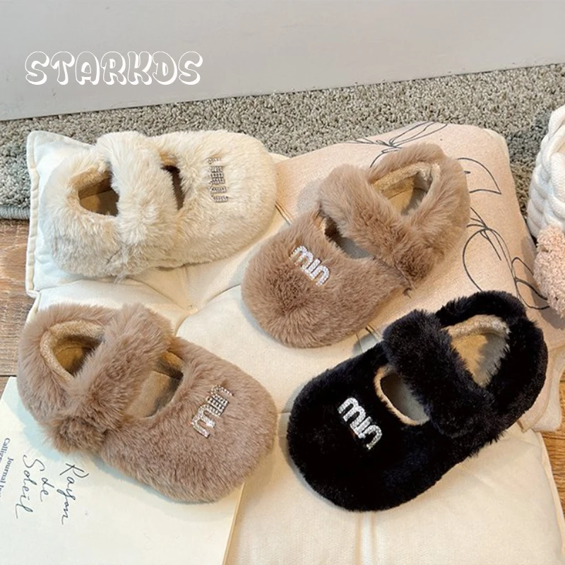 Winter Thick Fur Ballet Flat Kid Girl Luxury Brand Design Rhinestone Stud Plush Ballerina Shoes Child Bling Mary Jane Zapatos