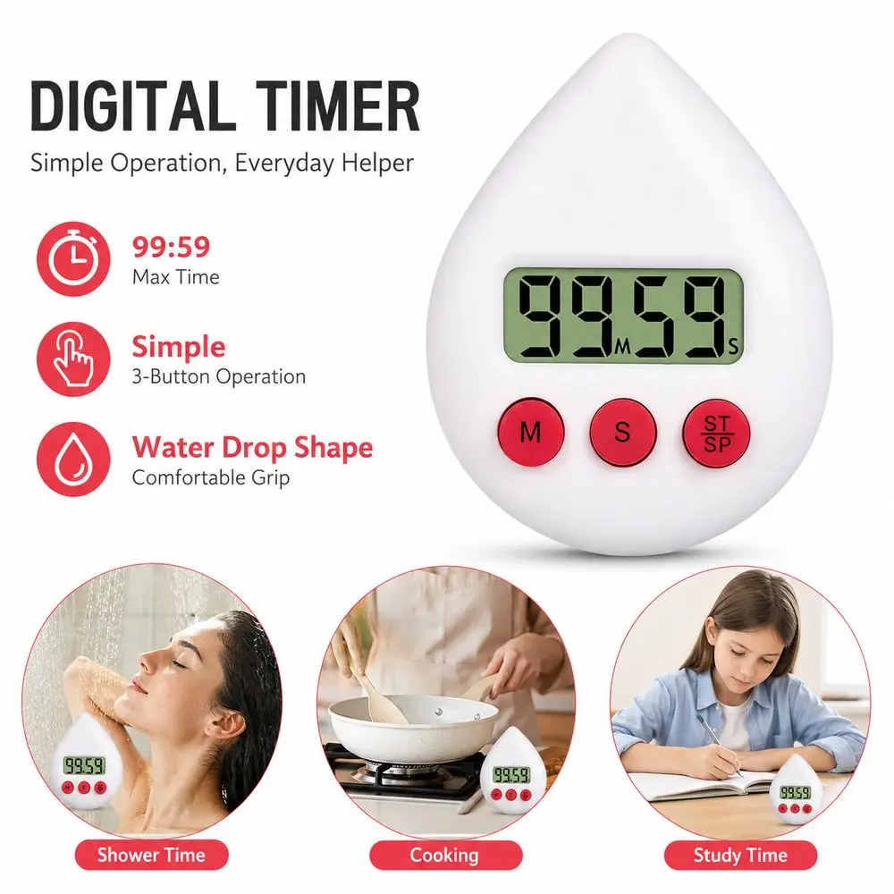 New Plastic Digital Timer LCD Display Droplet Shape Countdown Timer Button Control Audible Alert Cooking Timer Study Time