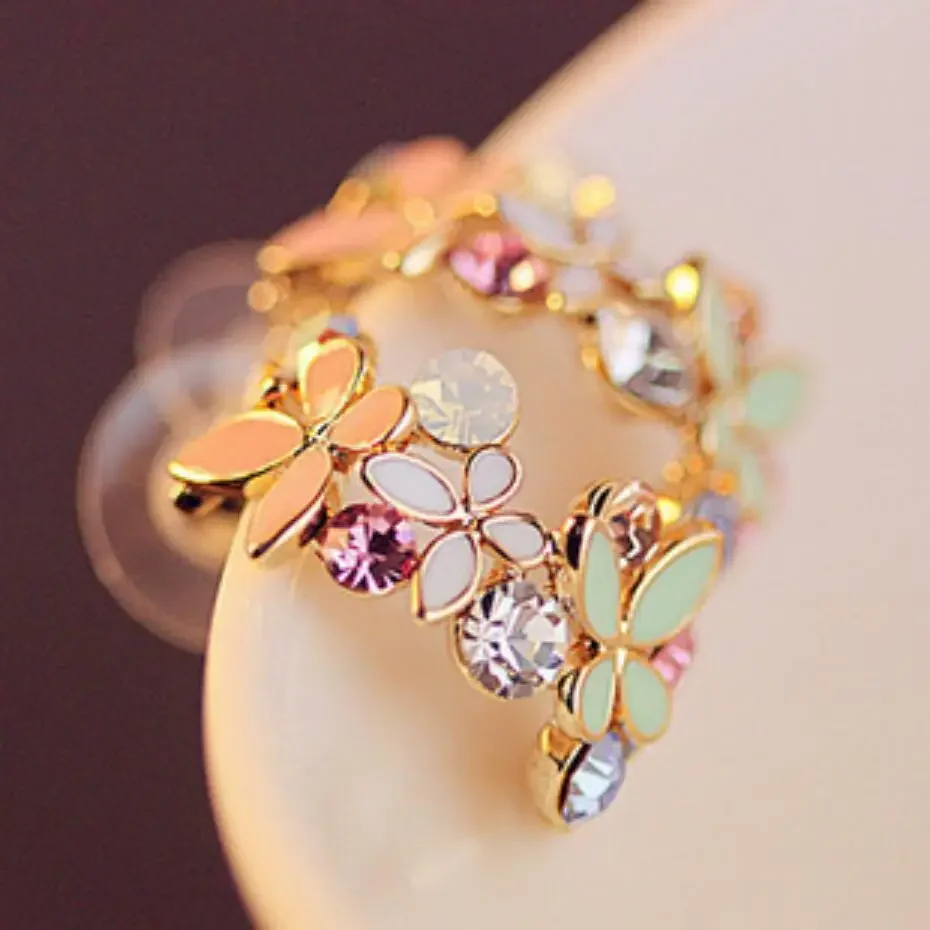 Nowa moda Kolczyk z kryształu górskiego w kolorze złotym Kolorowe kwiaty Olśniewające kolczyki w kształcie motyla dla kobiet Biżuteria ślubna