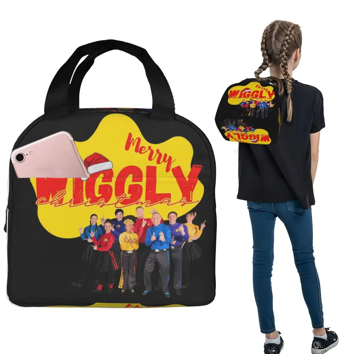

Merry The Wiggles Band Christmas Lunch Bags Insulated Bento Box Waterproof Lunch Tote Picnic Bags for Woman Children Office