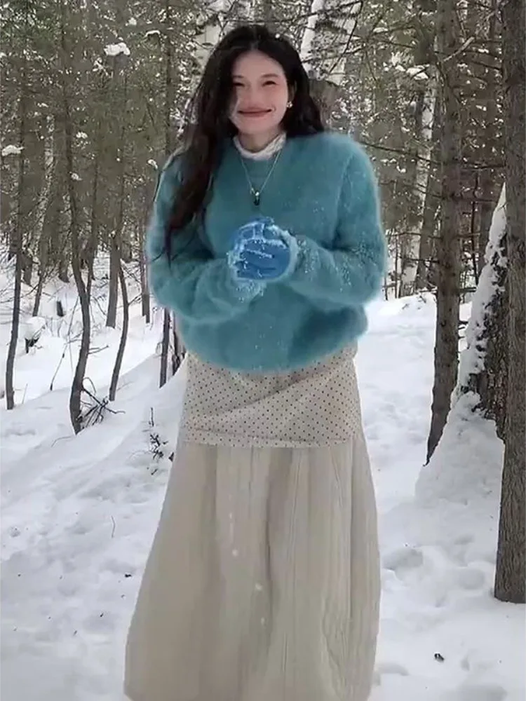

Lav Blue Faux Fur Soft Cozy Overhead Sweater Women's Autumn Winter Unique Knitted White Fluffy Top round Ne Long Sve