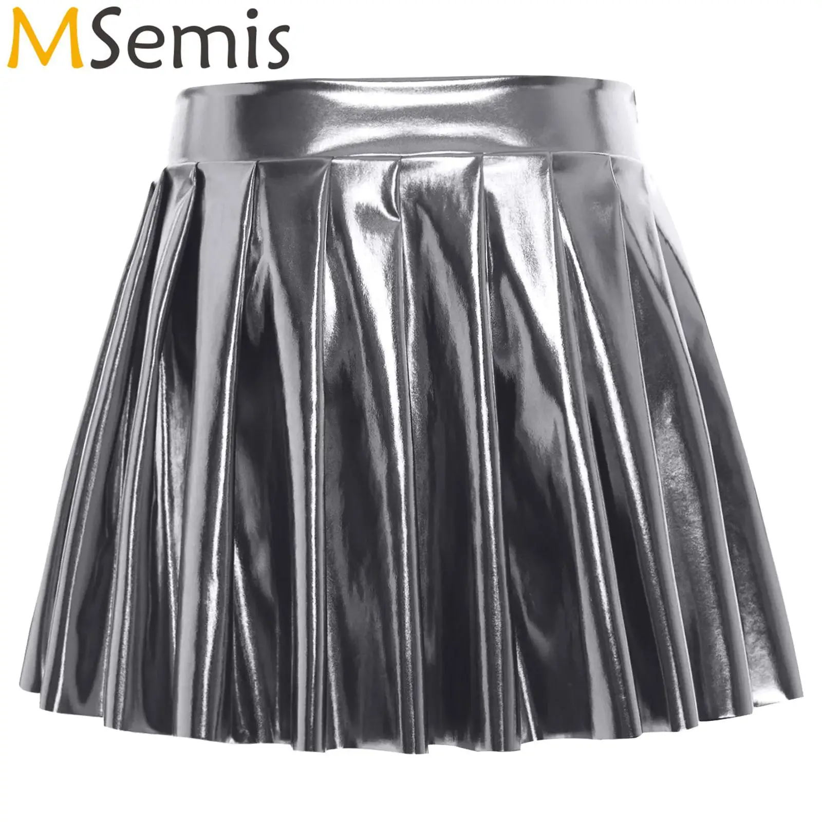

Womens Metallic Shiny Pleated Short Skirt High Waist Ruched A-line Mini Skirt Fashion Skirt Disco Dance Club Raves Costume