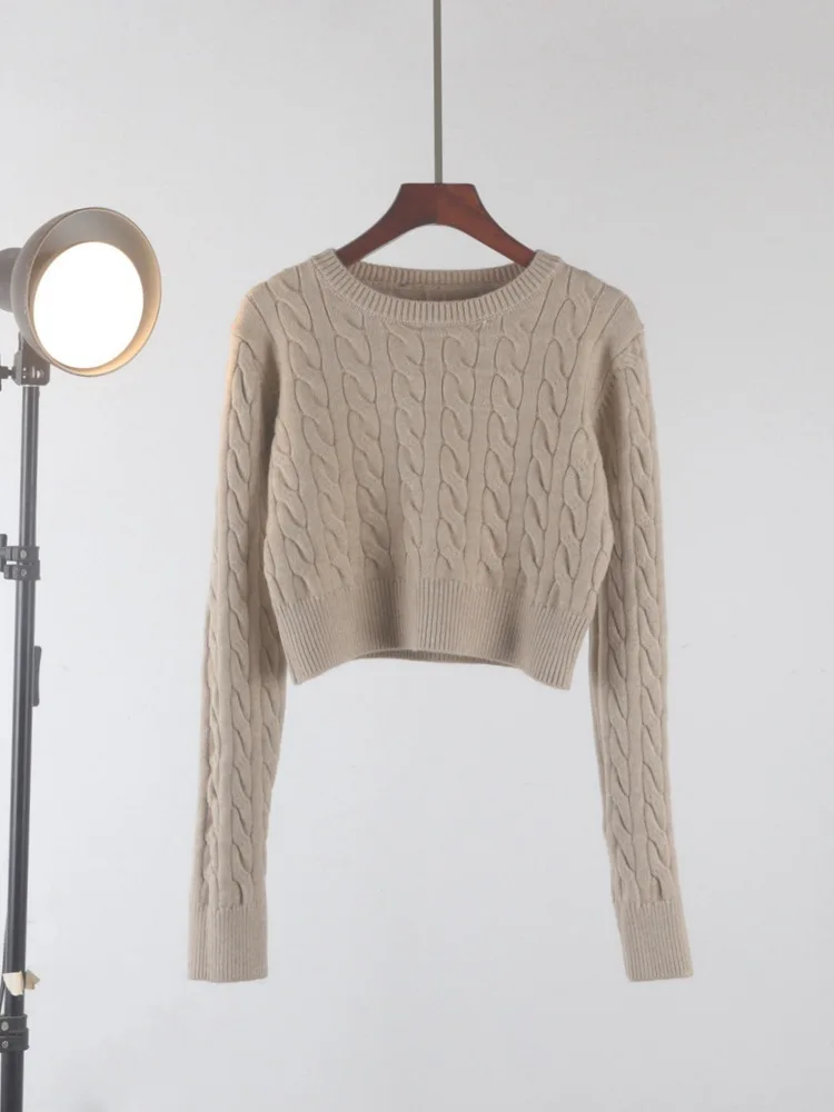 

Модный укороченный свитер с высокой талией, фактурный, крупной вязки, оверсайз, с круглым вырезом, повседневный пуловер свободного кроя