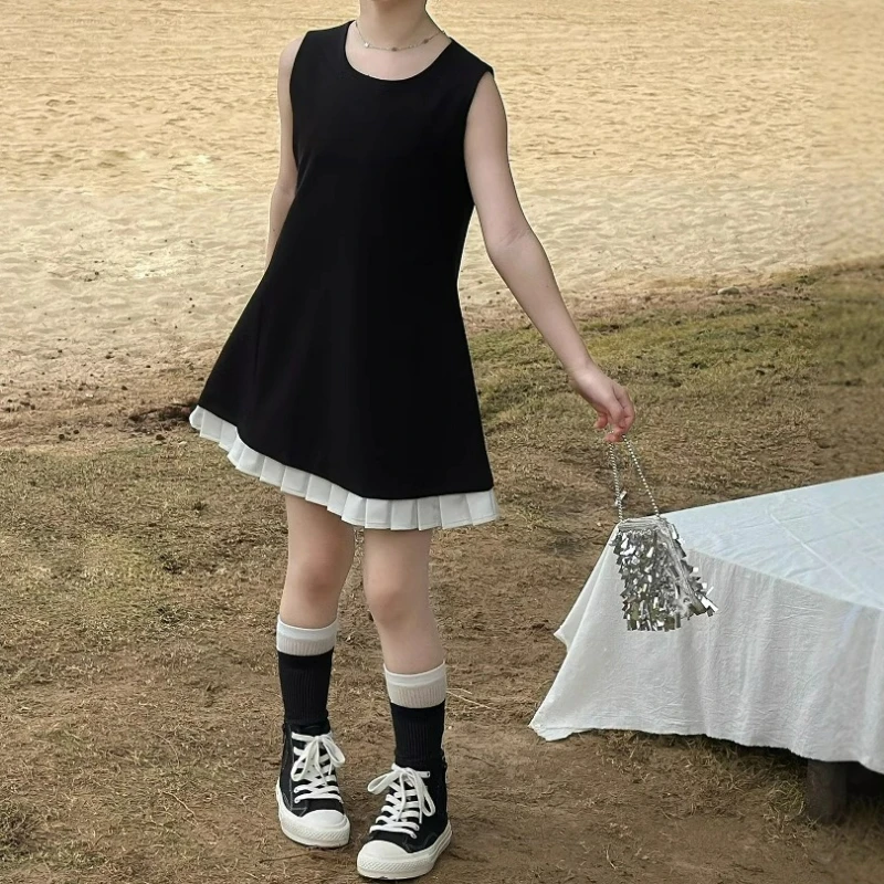 Girls' Dress Summer Outfit New Simple Temperament Style Black Dress White Wrinkled Edge Skirt Sleeveless Vest Dress
