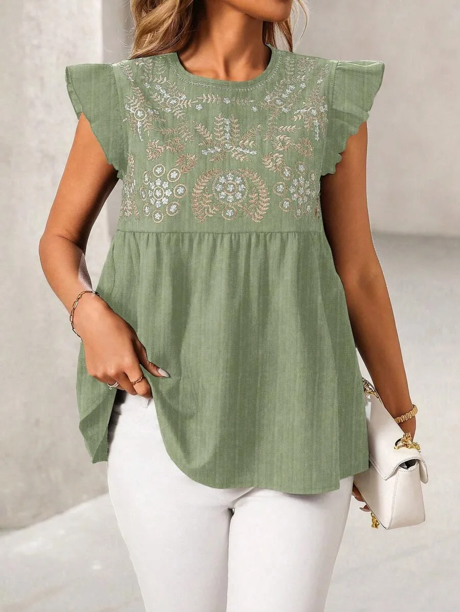 

Fashion Printed Flying Sleeves Front Shoulder Short-sleeved Shirt Women Summer Loose Round Neck Short-sleeved Shirt For Women