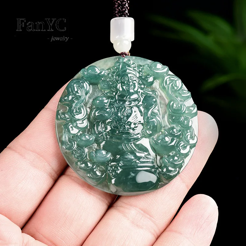 

Natural Jadeite Blue Water God of Wealth Pendant Hand-carved Exquisite Charm Ice-type Jadeite Necklace Men and Women Gift