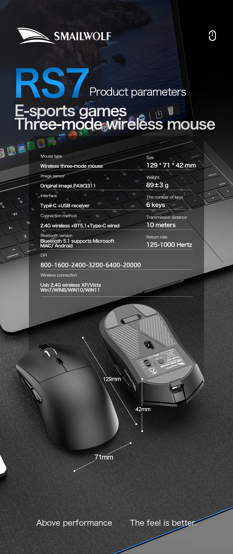 SMAILWOLF RS7 Bluetooth Kabellose Maus Drei-Modus-Gaming-Maus für Notebook Desktop-Computer Gaming PAW3311 Geeignet für Große Hände – Detail 8