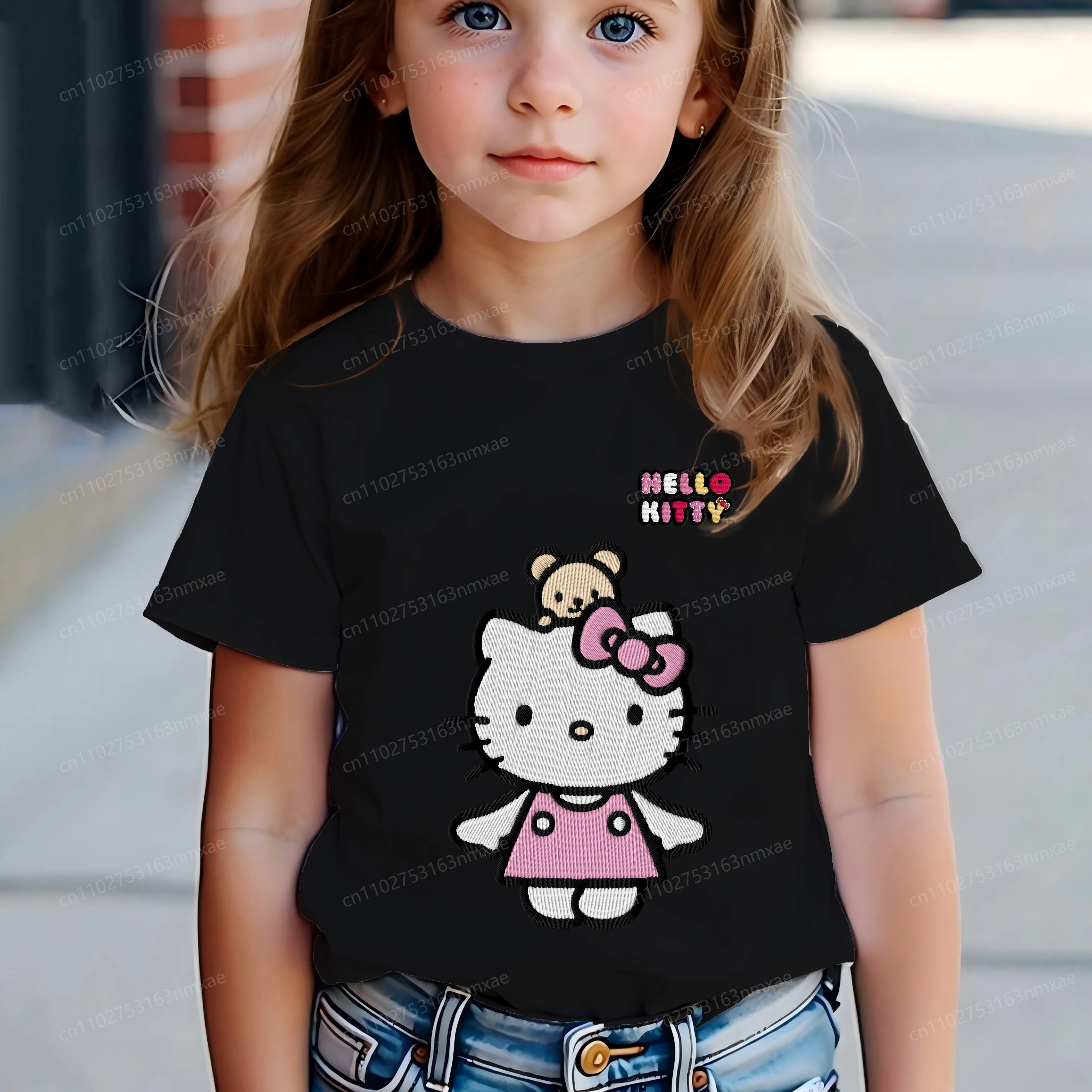 

Pure Cotton Children Summer Clothes Embroidery Hello Kitty Girls' 3D Printing Top Crew Neck T-shirt Clothing 2025 Kids Texture