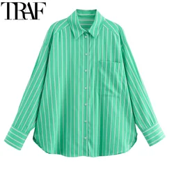 TRAF 2024 Striped Oversize Shirt Women Fashion Women's Green Button Up Shirt Summer Casual Long Sleeve Blouses For Women