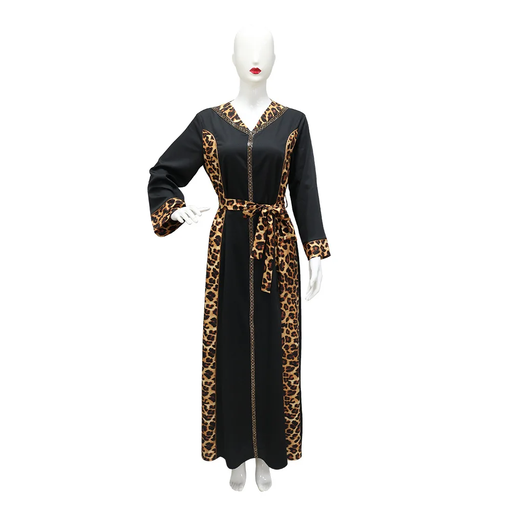 

Ramadan Muslim luxury fashion Saudi Arabia elegant long skirt women's V-neck leopard print color blocked long sleeved dress