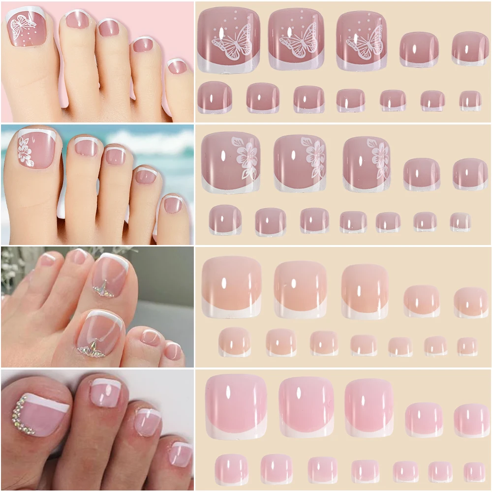 96Pcs French Short Sqaure Fake Toe Nails Butterfly Flower Design Full Cover Press On Toenails Nude/Pink Summer False Toe Nails &