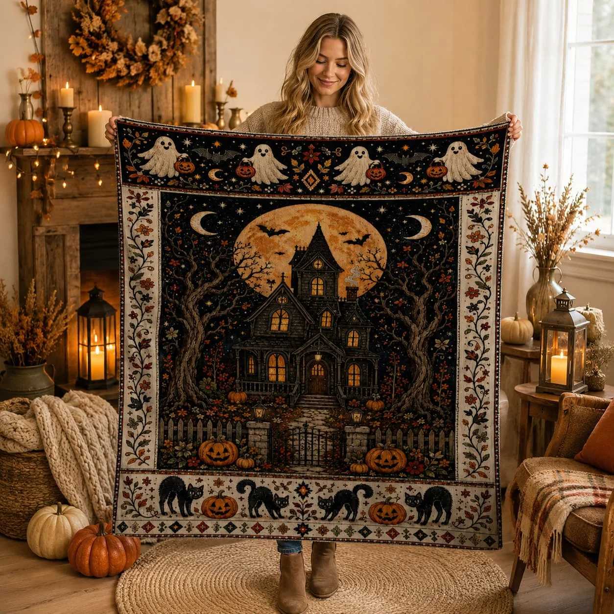 Haunted House Fleece Blanket, Gothic Spooky Halloween Throw, Cozy Fall Decor