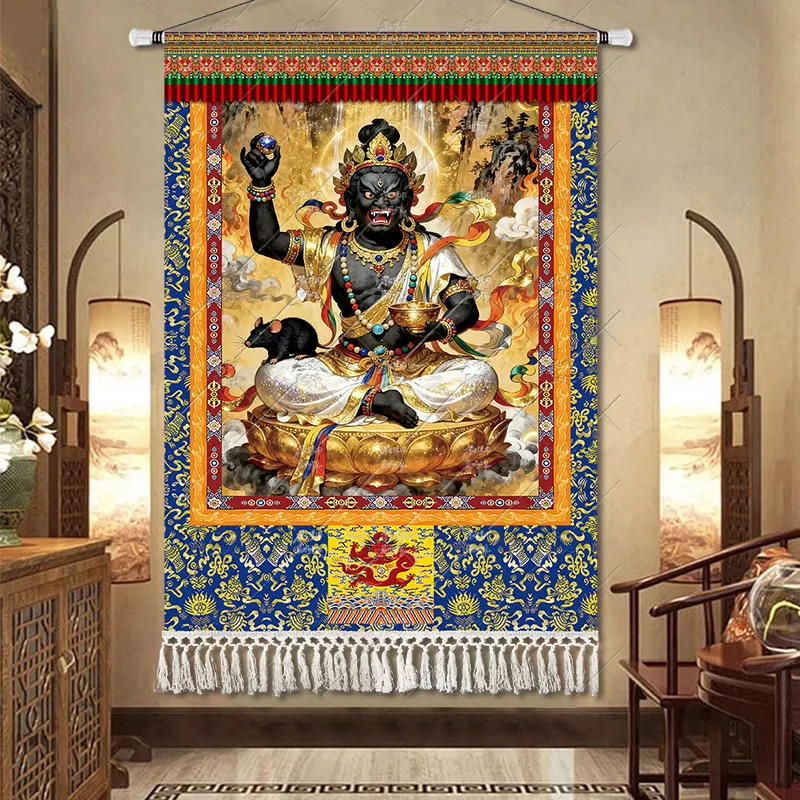 Traditional Tibetan Thangka Black Wealth‑God Fabric Wall Hanging Cloth Ethnic‑Art Tapestry for Indoor Background Ornament