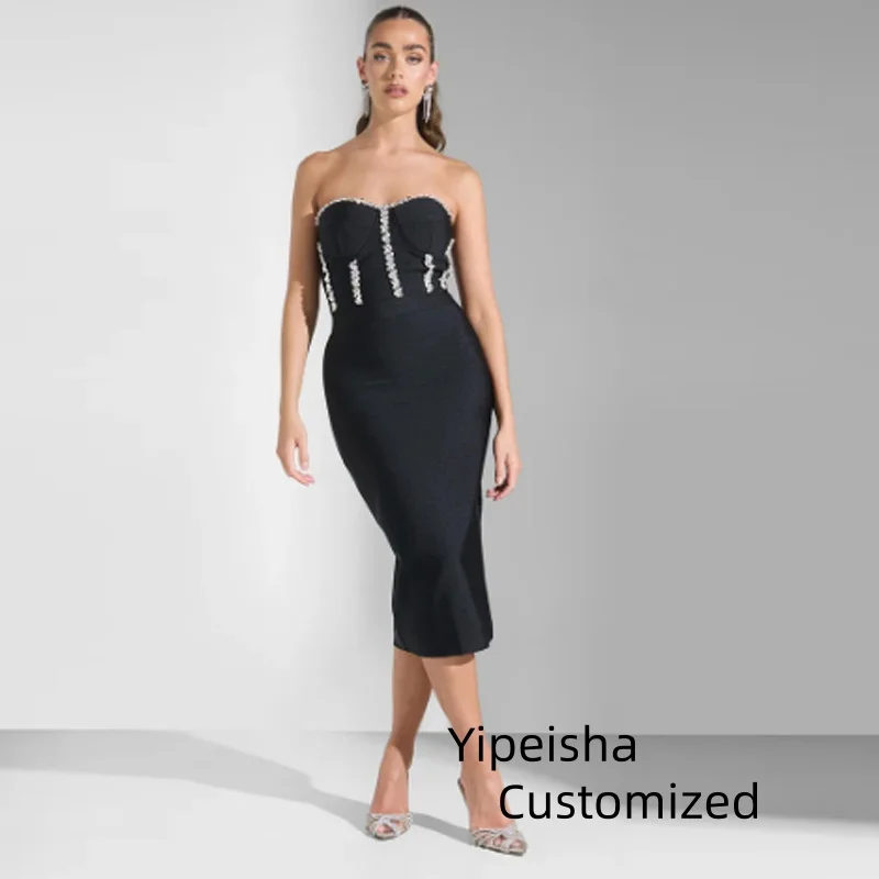 Customized Sexy Strapless Sleeveless Evening Dress Woman  Rhinestone Ball Gown Dress Rear Slit  Prom Dresses