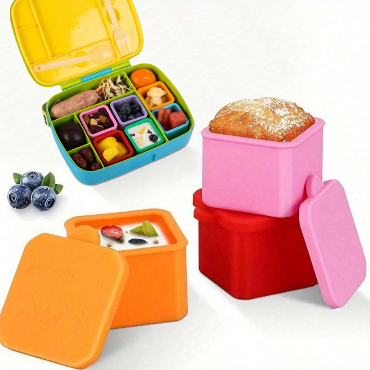 4 Leak Proof Impregnation Container, Compatible with Most Bento Lunch Boxes, with A Covered Silicone Salad Dressing Container
