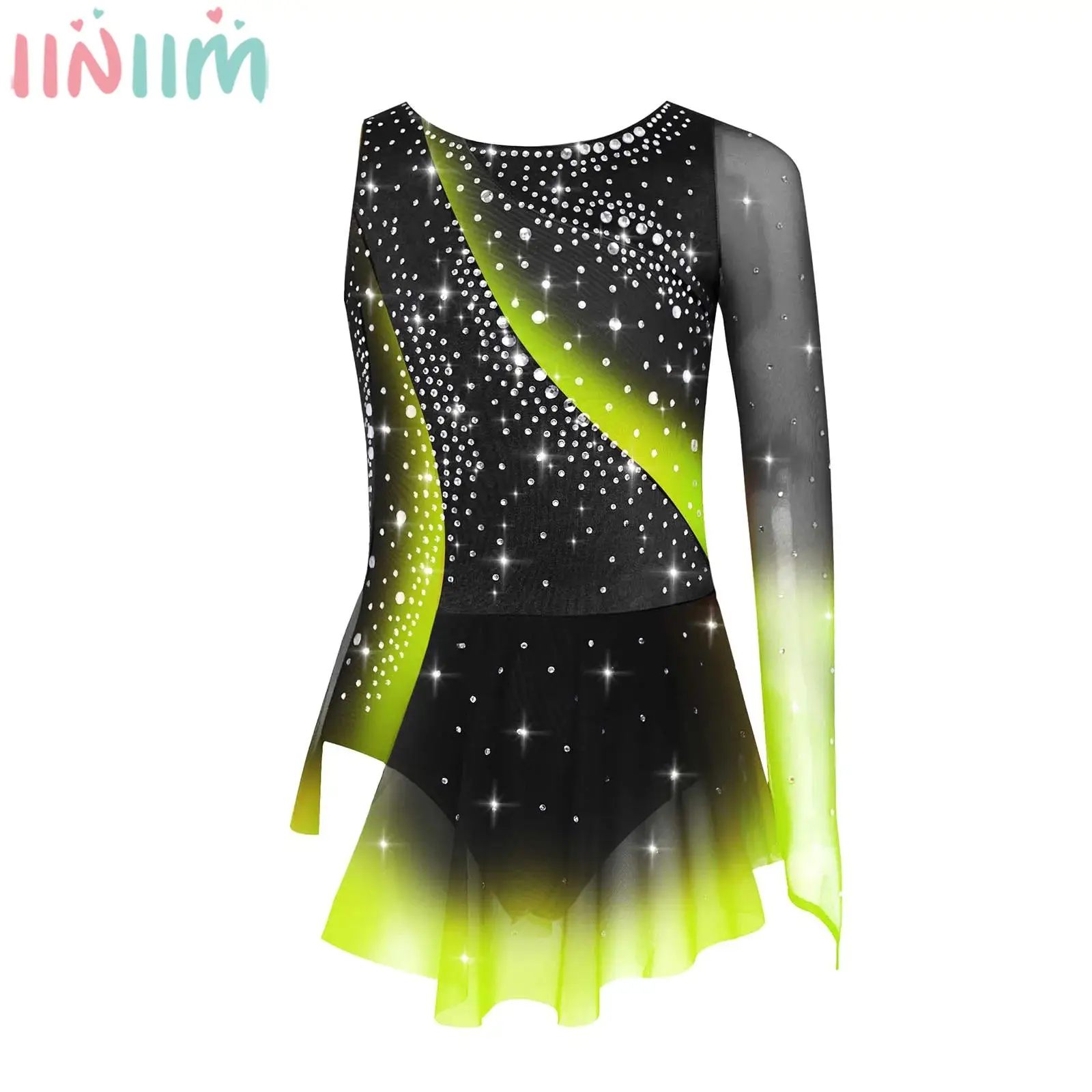 

6-16Y Girls Figure Skating Lyrical Dance Gymnastics Acrobatics Costume One Shoulder Shiny Rhinestone Sheer Mesh Leotard Dress