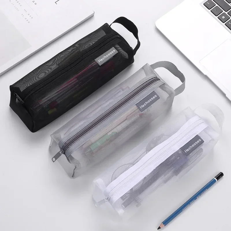 Imagem -02 - Simples Transparente Grade Zíper Lápis Case Cor Sólida Armazenamento de Cosméticos Malha de Náilon Caneta Bolsa Ferramenta de Armazenamento de Papelaria Preto Branco