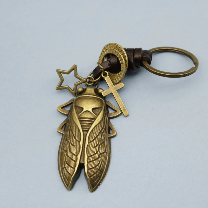 Cute Countryside Car Keychain Bag Hanging Decoration Cicada Retro Woven Leather Accessories