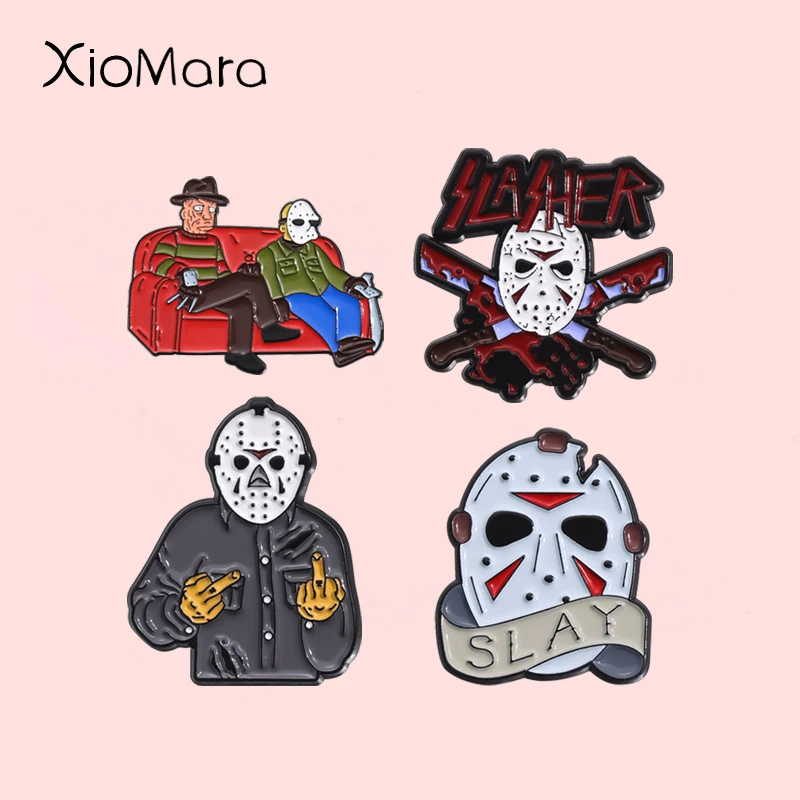 Alfileres esmaltados de película de suspense, broches de Pascua de Terror Friday Mystery Killer, insignias de solapa, joyería gótica de Halloween, regalo para fanáticos