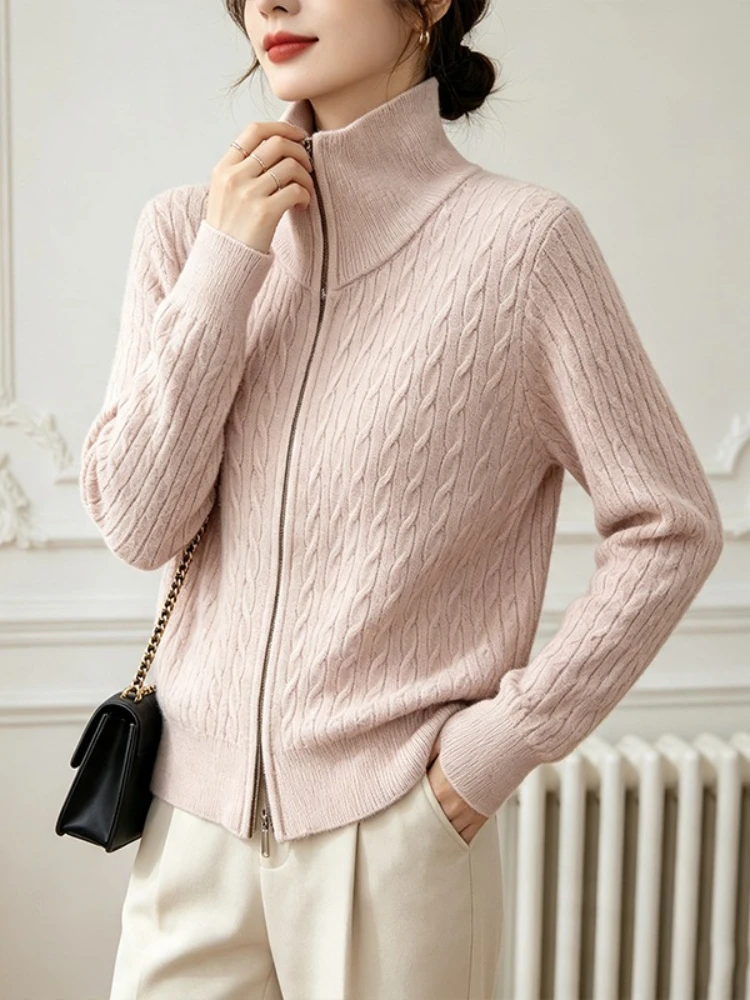 2026 Autumn Winter Half Turtleneck Zip Lazy Fit Knit Women Cardigan Unique Design Thick Loose Sweater Versatile Outerwear