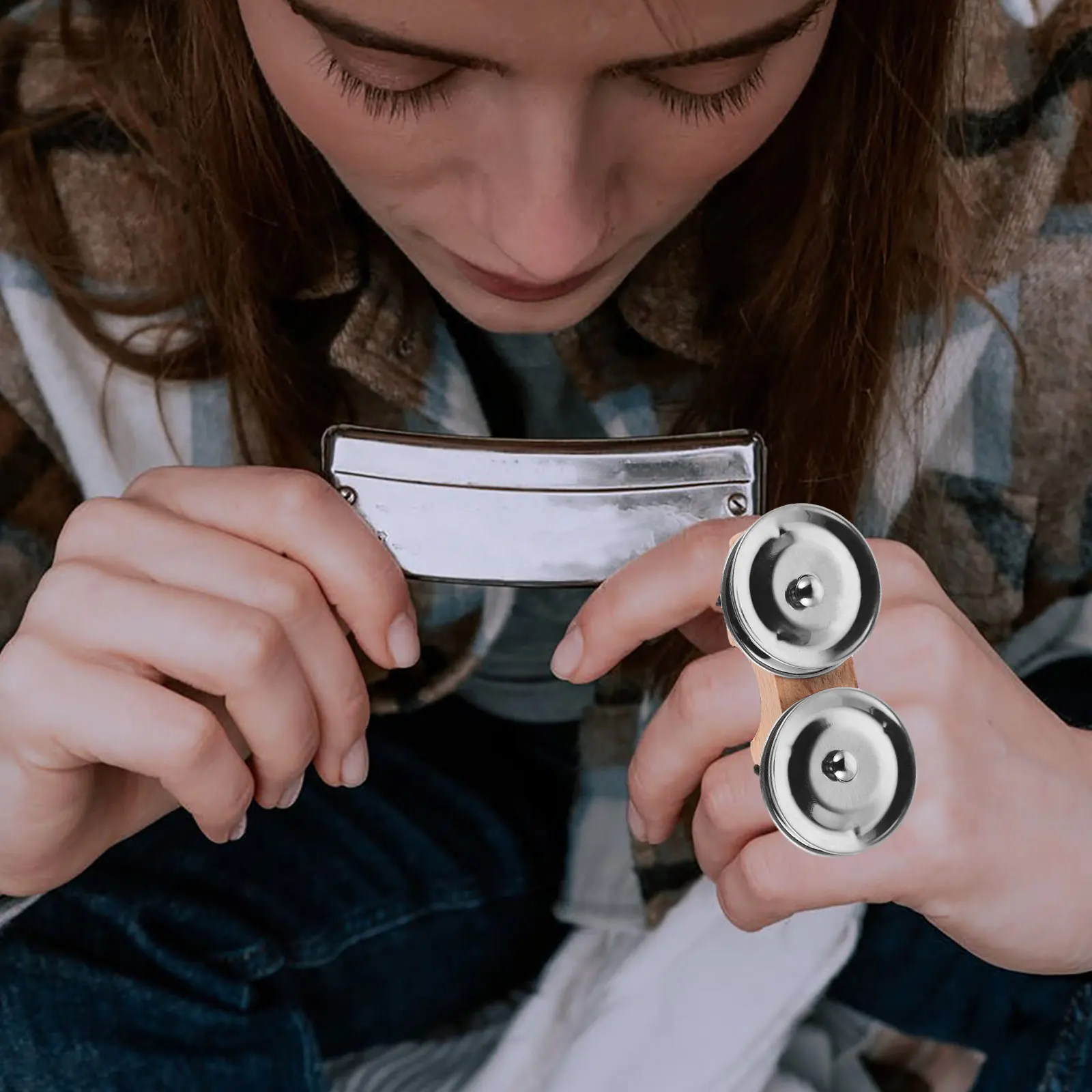 Platillo de dedo, campana, tambor, campanas de mano, accesorios, Mini percusión, cascabel para niños, instrumento de juguete Musical de baile de Metal de madera