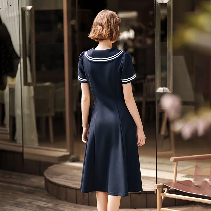 Semir Dress Women Navy Collar With A Collegiate And Artistic Style 2024 Summer New White Moonlight Waist-Cinched Long Dress