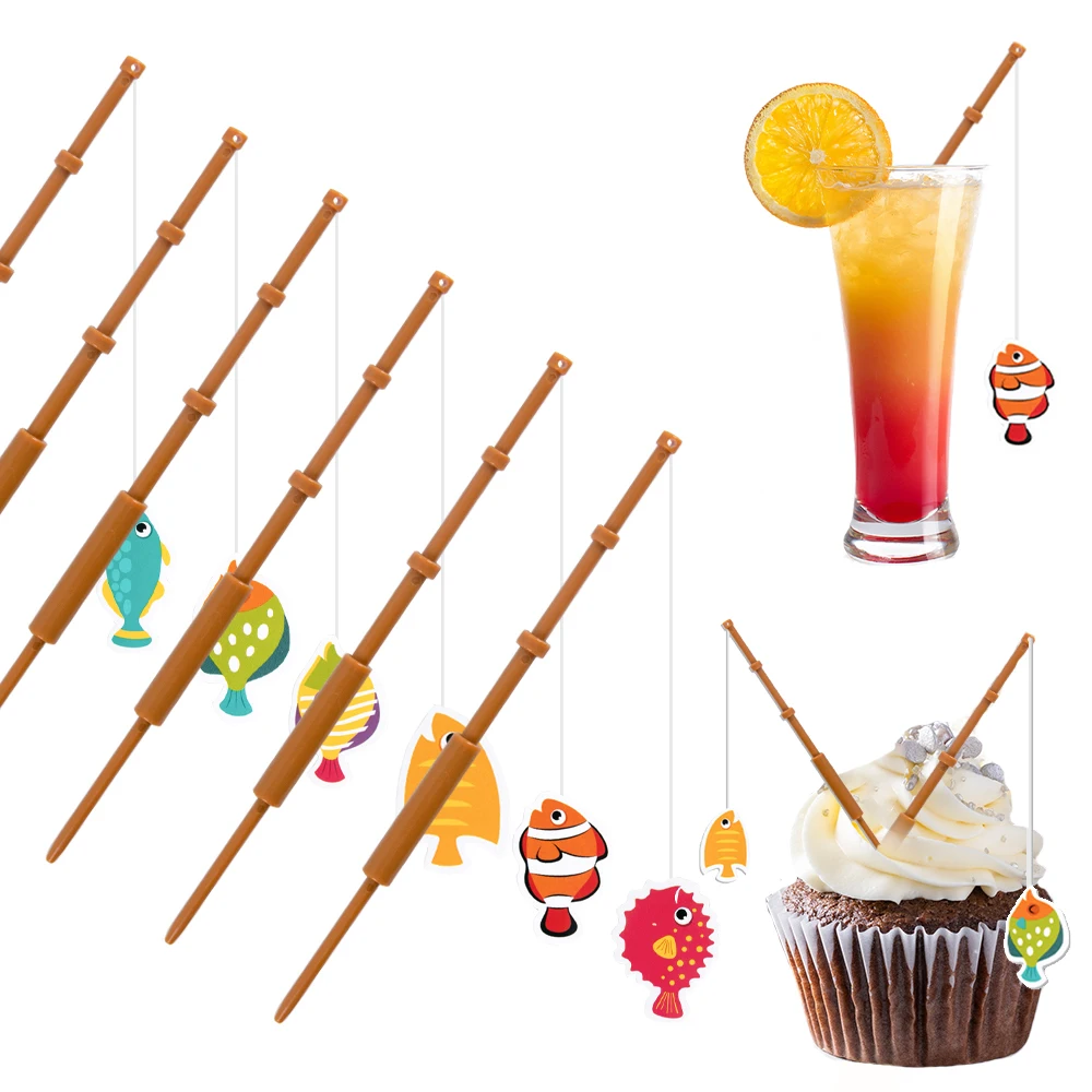 6Pcs Mini Fish Pole Decoration Little Fisherman Fishing Pole Picks Mini Cupcake Picks for Birthday Party Appetizer Cake Decor