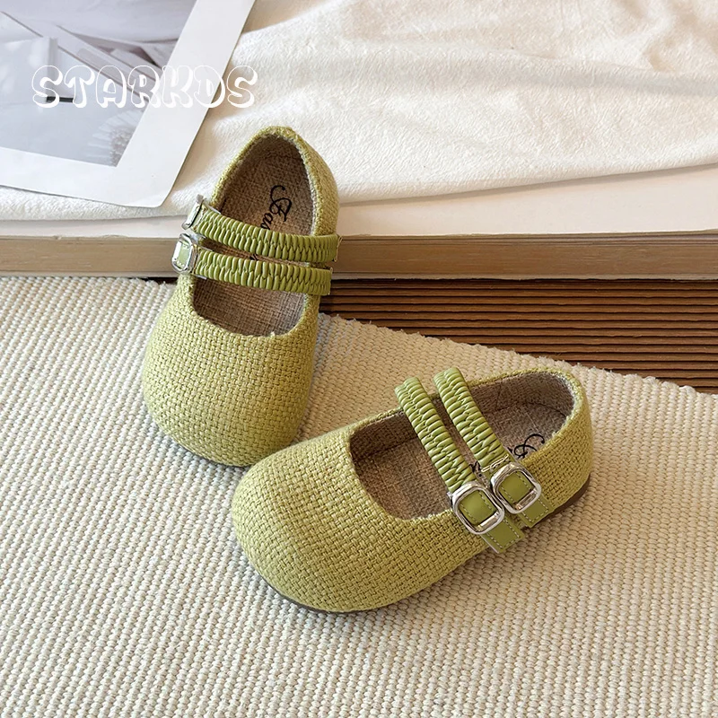 Breathable Natural Linen Weaved Ballet Flats Kids Girl Green Braided Ballerina Shoes Baby Child Double Elastic Straps Mary Janes