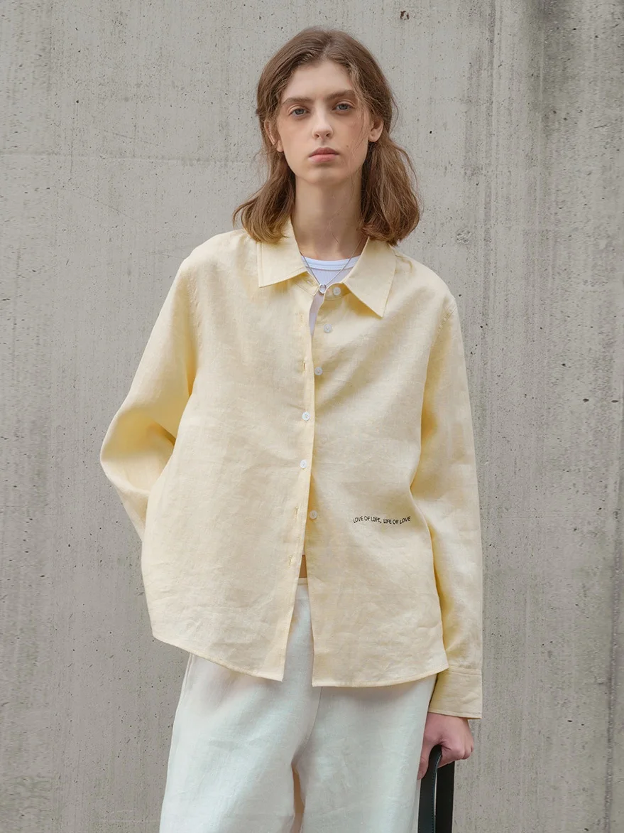 

Pure Linen Shirt Women Summer Loose Cool Feeling Yellow Sun Protection Top French Style Button Design Long Sleeve Neck