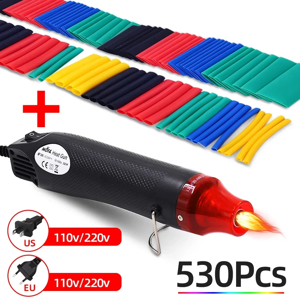 530 Pcs EU US 110V 220V Heat Shrink Tubing Kit 2:1 Shrinkable Wire Wrap Wire Connect Cover Cable Repair Protection Hot Air Gun